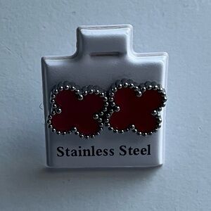 Boutique Stainless Steel Red Enamel and SilverTone Clover Earrings